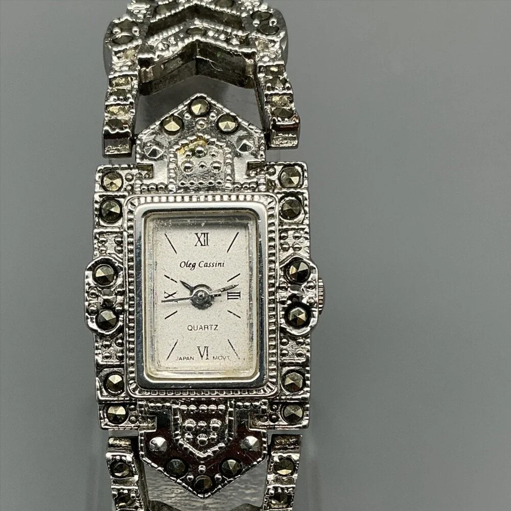 Vintage Oleg Cassini Womens Watch 18mm Marcasite Silver Tone New Battery 7.25